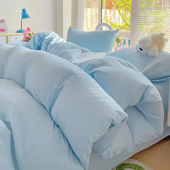 Girls Blue Duvet Cover Set Twin Full Queen Size Soft Flat Sheet Pillowcase Bed Linen Princess Style Solid Color INS Bedding