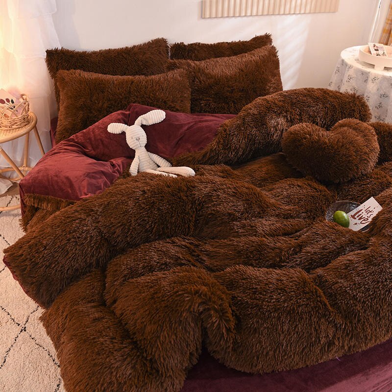 4pcs Autumn and Winter Warm and Thick Solid Color King Size Bedding Set Sheet Quilt Cover Pillowcase 220x240cm