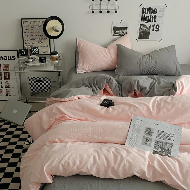 Beige Pink Bedding Set Solid 3/4pcs Home Linens Luxury Duvet Cover Pillowcase Flat Sheet Wash Cotton Twin King BedRoom Decor