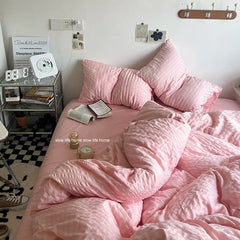 Bedding Set Luxury High Grade Light  Washable Cotton Waffle Four Piece  Olive Green Quilt Cover Bed Sheet Dormitory Three Piece