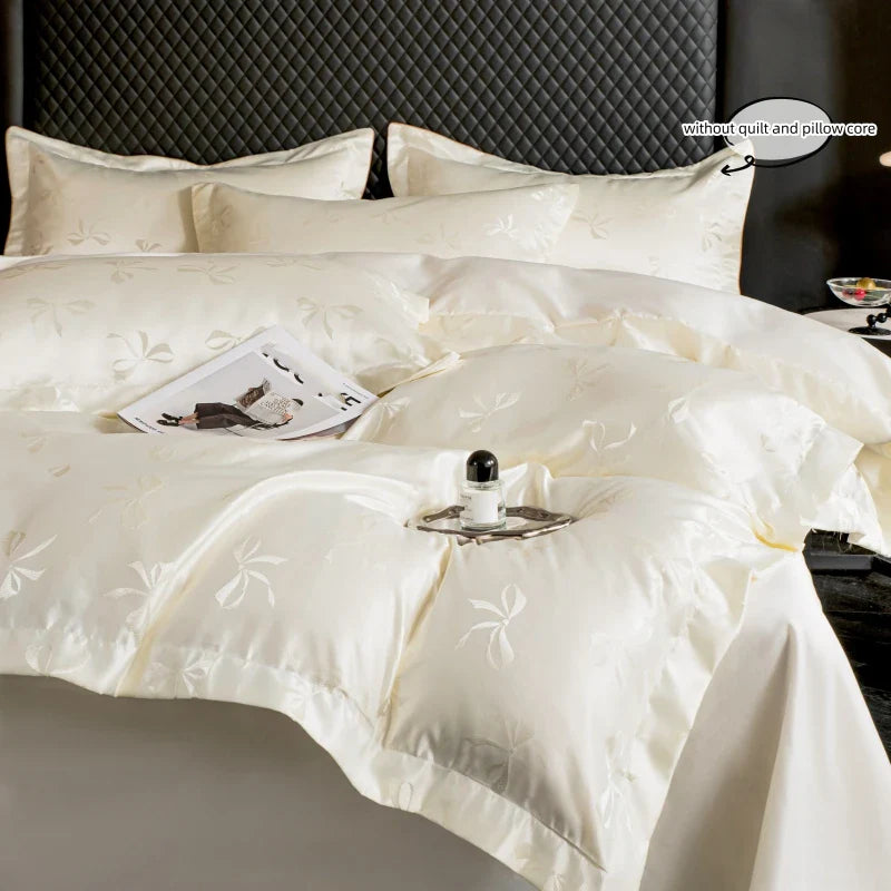 3pcs Cream color Duvet Cover Set (1*Duvet Cover + 2*Pillowcase, Without Core), bow jacquard Bedding Set