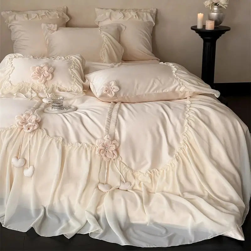 Apricot Color Princess Wedding Bedding Set 1000TC Egyptian Cotton Lace Ruffles Duvet Cover Bed Sheet/Fitted Sheet Pillowcases