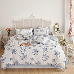 Floral Blossom Print Duvet Cover Blue White Botanical 100%Cotton Comfy 4Pcs Double Queen King Bedding Set Bed sheet Pillowcases