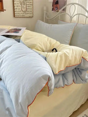 Simple Striped Bedding Set Washed Cotton Duvet Cover Sheet Pillowcase Queen King Size Boys Adults Bed Linens