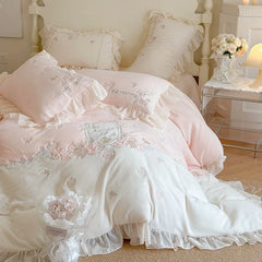 French Romantic Bedding Set Luxury Flower Embroidery Princess Pink Ruffle Milk Velvet Quilt Duvet Cover Bed Sheet Set Bedclothes
