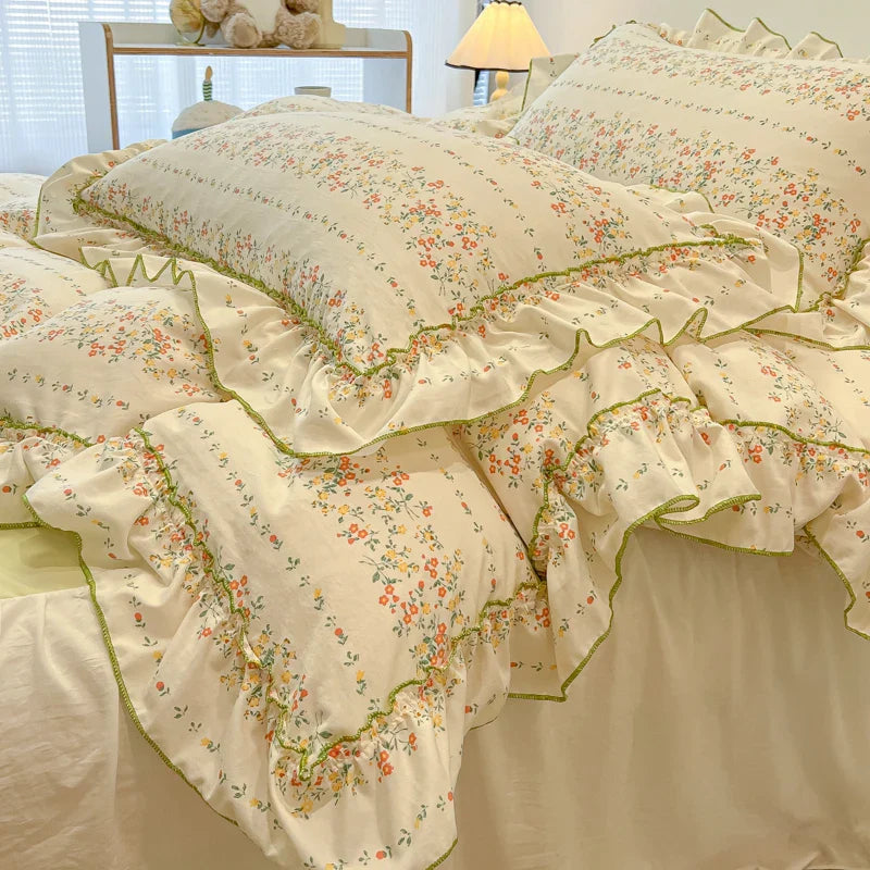 2/3Pc Korean Princess Style Floral Ruffles Bedding Set Single Queen Size Soft Skin-friendly Washed Cotton Duvet Cover Pillowcase