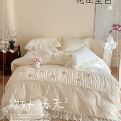 Princess Style Lace Ruffles Wedding Bedding Set Korean Soft Rose Flowers Four-Piece Set Duvet Cover Bed Sheet Pillowcase 4Pcs