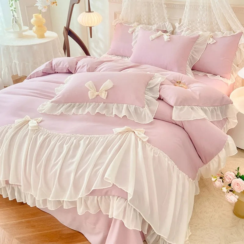 4pcs White Bedding set ruffles Duvet Cover Set (1*Duvet Cover + 2*Pillowcase, 1*sheet/fitted sheet)for bedroom guest room