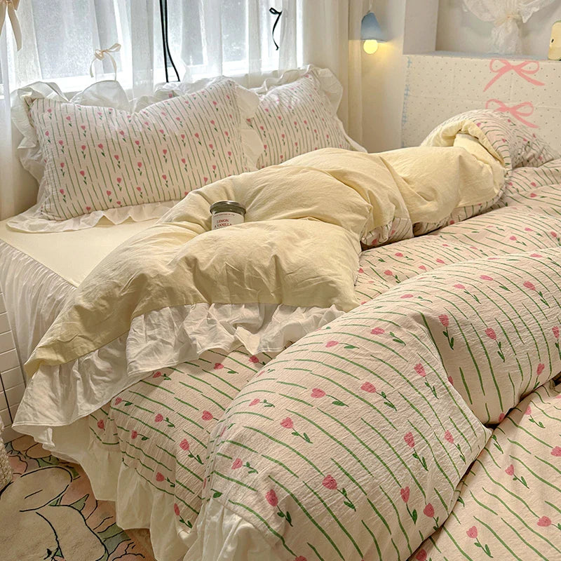 Bedding Set Korean Style New  Small Floral Water Washed Cotton Lace Duvet Cover Set Queen Size