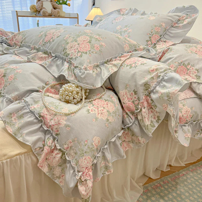 2/3Pc Korean Princess Style Floral Ruffles Bedding Set Single Queen Size Soft Skin-friendly Washed Cotton Duvet Cover Pillowcase