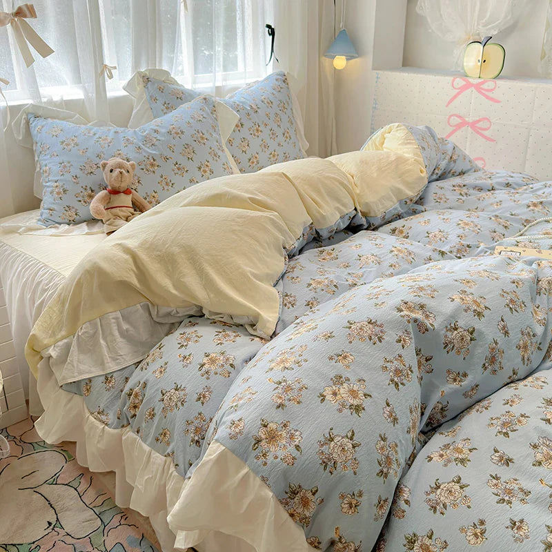 Bedding Set Korean Style New  Small Floral Water Washed Cotton Lace Duvet Cover Set Queen Size