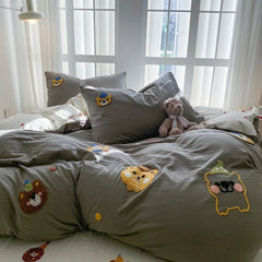 Bedding Set Ins Blue Pink lovely embroidery Mixed With Washed Cotton Minimalist Four Piece Set Fitted Sheets Duvet Cover