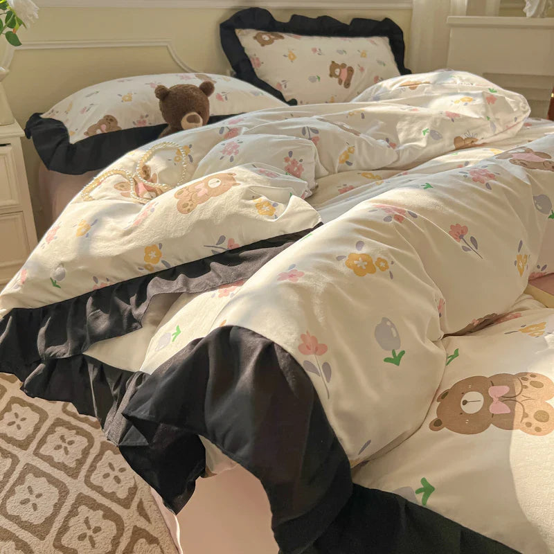 Hepburn French Style Bedding Set For adults kids Brown pink Flat fitted Sheet set With Pillowcases Colorful King Queen Full size