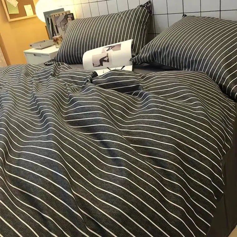 Simple Bedding Set Plaid Sold Color Single Queen Size Duvet Cover No Filling Boys Girls Flat Sheet Pillowcase Kit