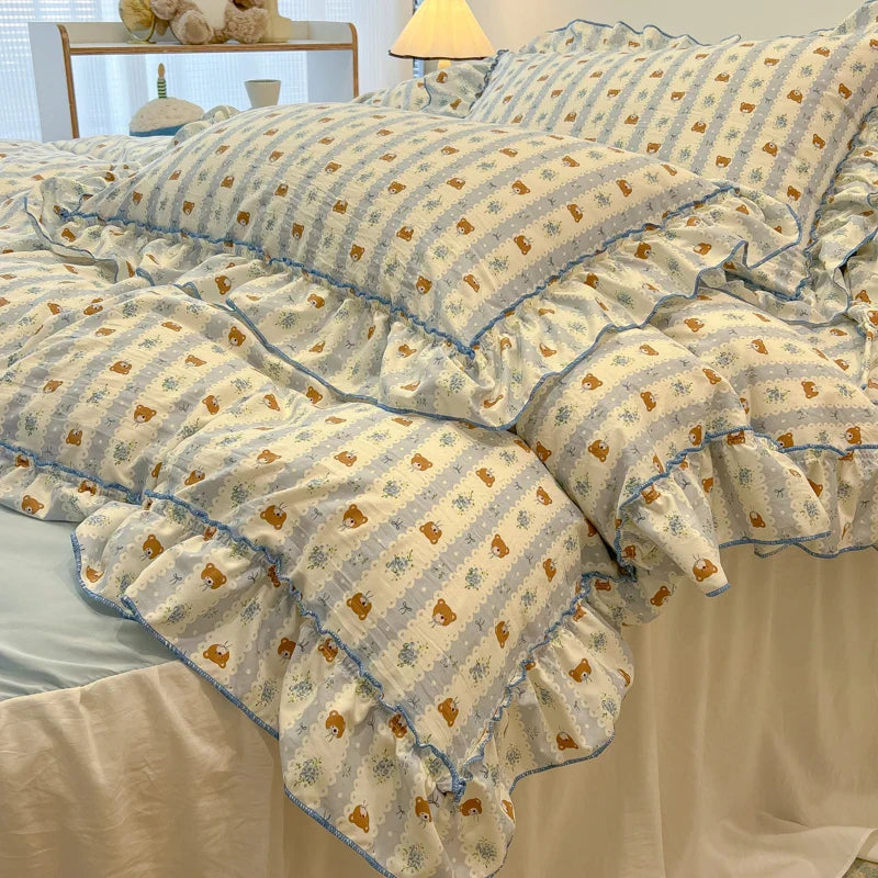 2/3Pc Korean Princess Style Floral Ruffles Bedding Set Single Queen Size Soft Skin-friendly Washed Cotton Duvet Cover Pillowcase