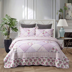Single Double Bed 100%Cotton Purple 3pcs Printed Quilted Quilt Pillowcase Free Shipping len?ol de cama casal ?????