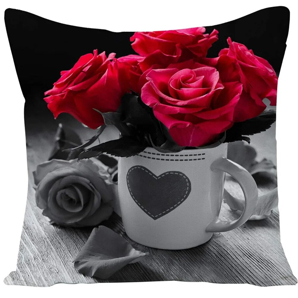45x45cm Red Rose Flower Cushion Cover Home Wedding Decoration Sofa Bed Lumbar Pillowcase Polyester Red Rose Print Pillow Case