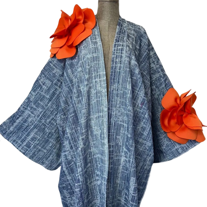 Chic Denim 3D flower  Maxi Cardigan - WINI