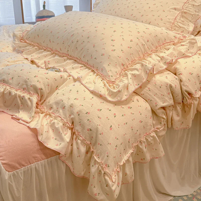 2/3Pc Korean Princess Style Floral Ruffles Bedding Set Single Queen Size Soft Skin-friendly Washed Cotton Duvet Cover Pillowcase