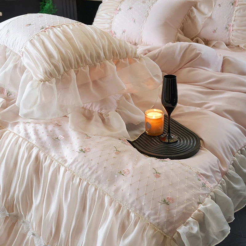 100% Tencel Bedding Set 60s Lace Flat Sheet Set With Pillowcase Queen King Double Size Bare Sleeping Skin-Friendly Bed Linen Set