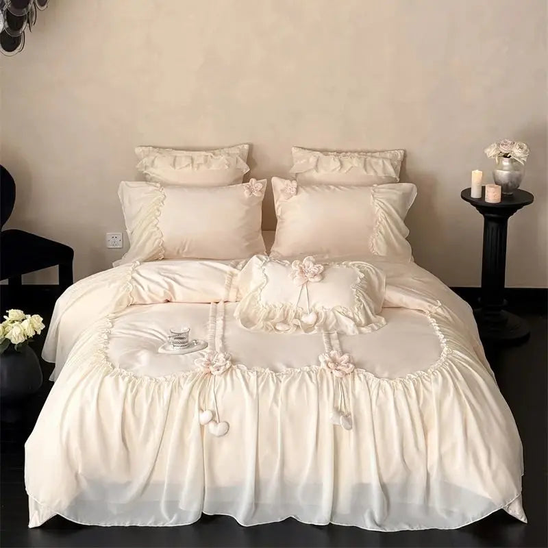 Apricot Color Princess Wedding Bedding Set 1000TC Egyptian Cotton Lace Ruffles Duvet Cover Bed Sheet/Fitted Sheet Pillowcases