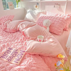 Princess Bedding Set  French Style Wash Cotton Solid Color Seersucker Summer Soft 4New Bed Sheet Set Comforter Set