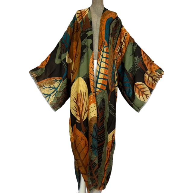 Vibrant Leaf Print Kimono Cardigan - WINI