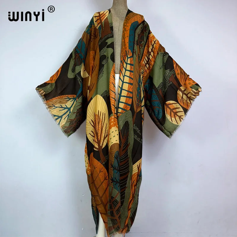 Vibrant Leaf Print Kimono Cardigan - WINI