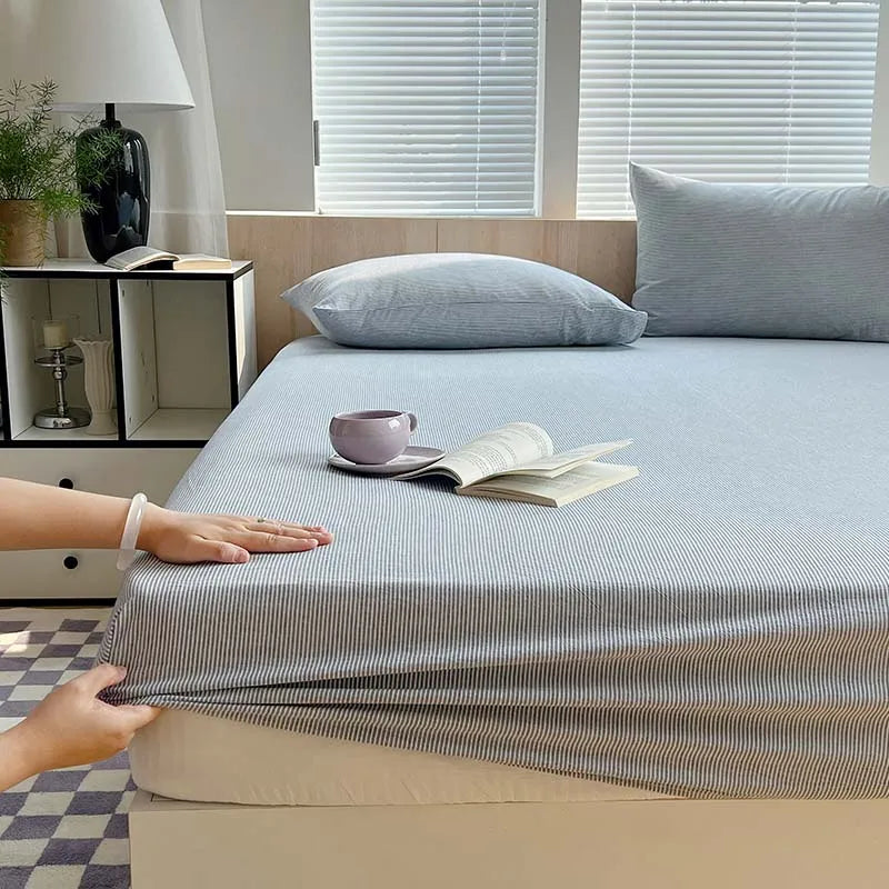 1PCS Nordic Stripe Fitted Sheet Non Slip Bedspread 100% Cotton With Elastic Band Mattress Cover (no Pillowcase)