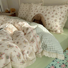 Ins Bedding Set Princess Floral Lace Simple 4pcs Bedding for Girls Woman Quilt Cover Sheet And Pillowcase Spring Home Textiles