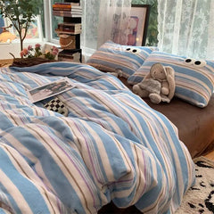 Small Fresh Ins Big Blue Stripes Winter Warm Four-piece Bedding Set Quilt Cover Milk Velvet Bed Sheet Farai Velvet Three-piece