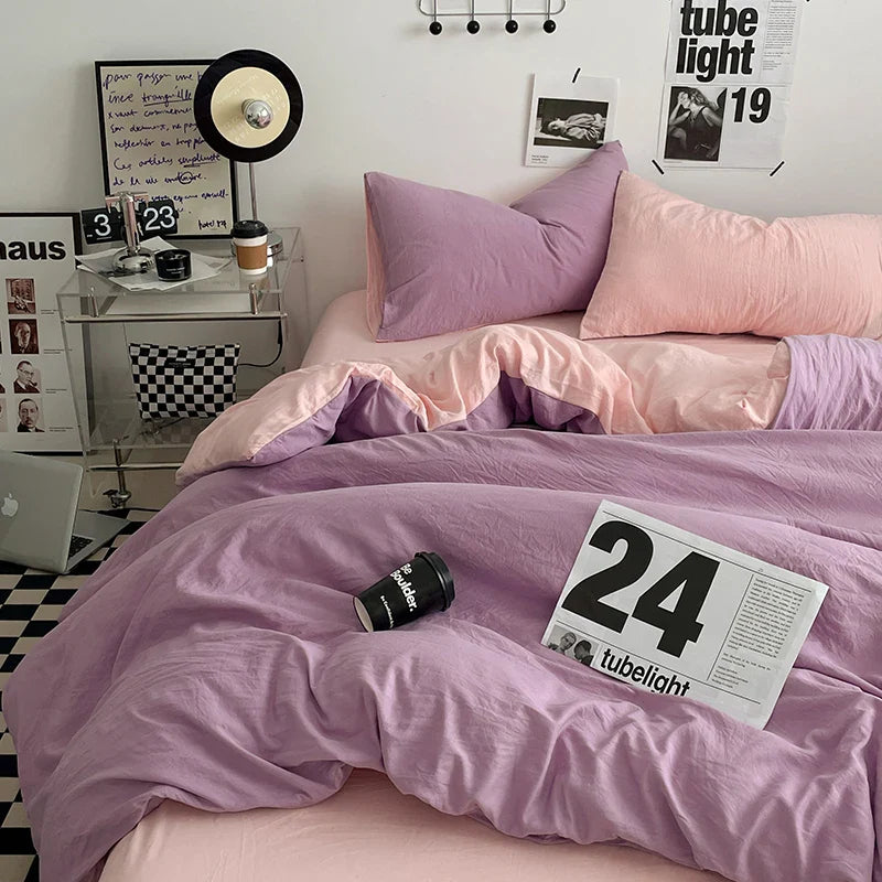 Beige Pink Bedding Set Solid 3/4pcs Home Linens Luxury Duvet Cover Pillowcase Flat Sheet Wash Cotton Twin King BedRoom Decor