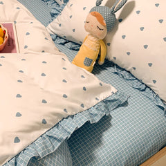 Korean Princess Style Bedding Set Soft Skin-friendly Lace Ruffles Quilt Cover Blue Heart Printed Duvet Covers Pillowcases Sheet