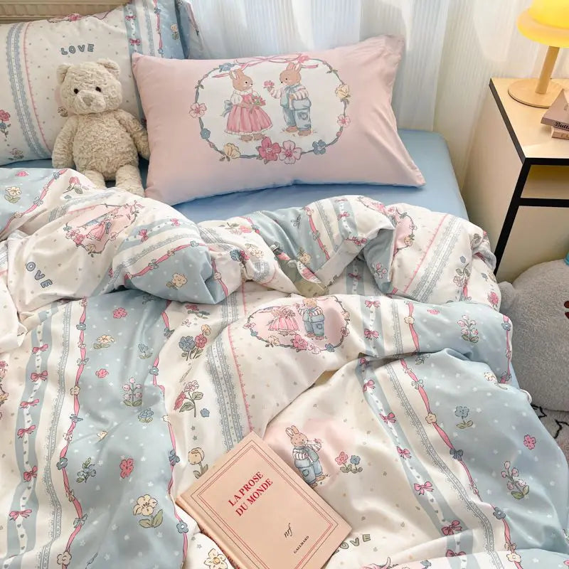 Bowknot Bedding Set Ins Girl Plaid Washed Dormitory Bed Sheet Quilt Cover Student Dormitory Three-piece Set