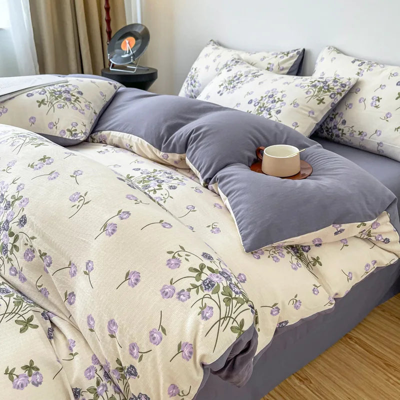 Vintage Floral Style Bedding Set No Filler Soft Fall Winter Thickening Duvet Cover Flat Sheet Pillowcase Full King Bed Linen