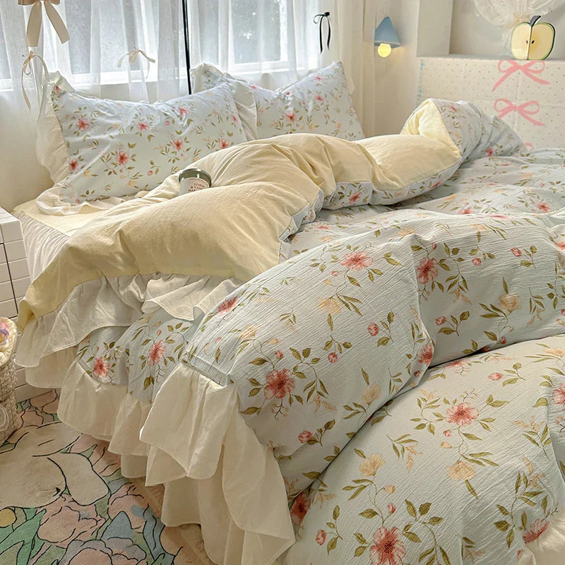 Bedding Set Korean Style New  Small Floral Water Washed Cotton Lace Duvet Cover Set Queen Size