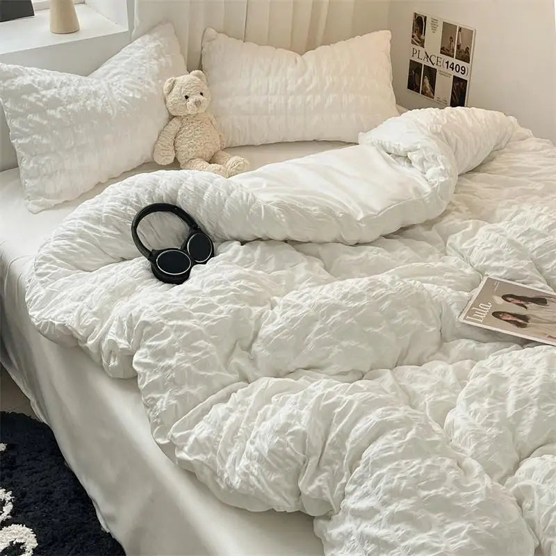Bedding Set, Checkered Bubble Wash Cotton Quilt Set, Four Pieces, Ins Korean High Quality Bedding Sheet Set, Dormitory 3 Pcs