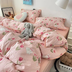 Bedding Set Double Layered Yarn INS Girls Mushroom Soft Washed Cotton Bed Sheet Queen King Size Duvet Set Pillowcase Bed Sheet