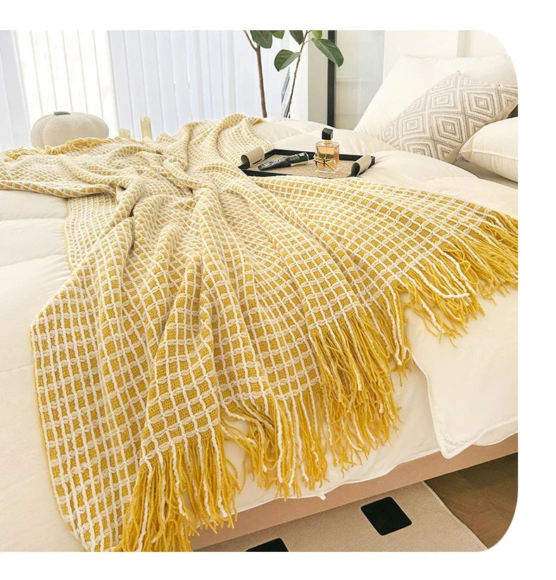 Modern Plaid Tassels Bed Flag Bed Tail Scarf  Runner Upscale Household Bedroom Hotel  Flag Bed End Towel  End Blanket