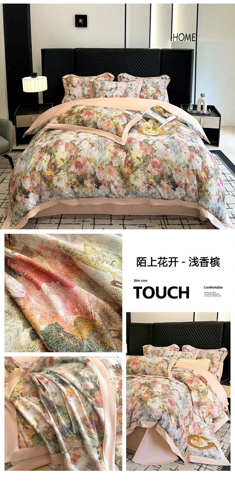 4pcs Floral Print Egyptian 100% Cotton Bedding Set Queen King Comforter Duvet Cover Flat/Fitted Bed Sheet Pillowcases 48x74cm