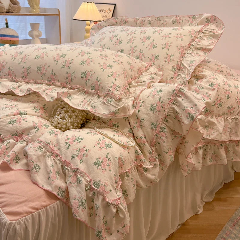 2/3Pc Korean Princess Style Floral Ruffles Bedding Set Single Queen Size Soft Skin-friendly Washed Cotton Duvet Cover Pillowcase