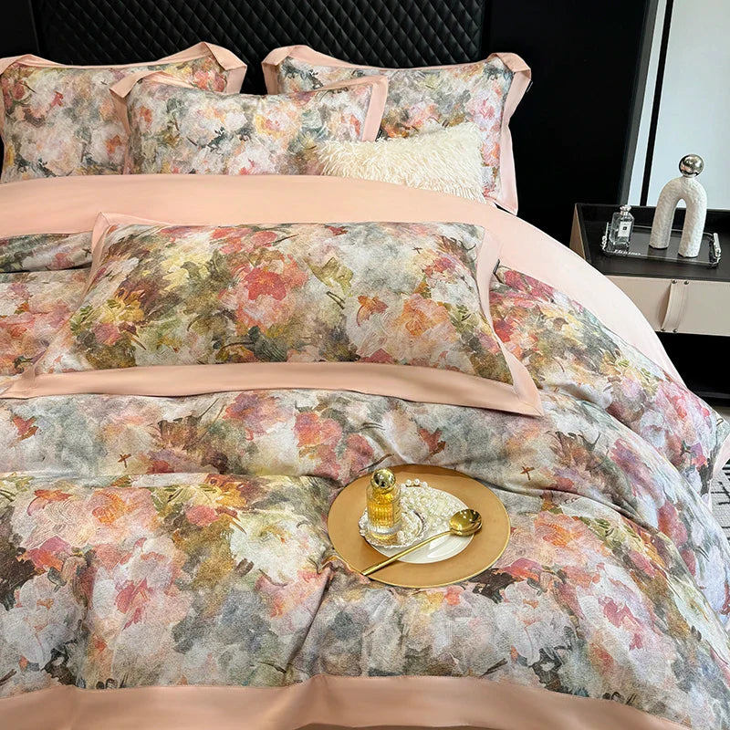 4pcs Floral Print Egyptian 100% Cotton Bedding Set Queen King Comforter Duvet Cover Flat/Fitted Bed Sheet Pillowcases 48x74cm