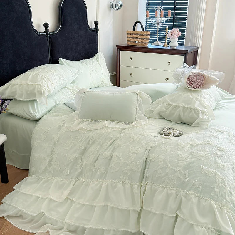 2025 Cotton Princess Bedding Sets Queen Butterflies Embroidered Chiffon Lace Elegant Soft Flat Sheet With Pillowcases 4PCS