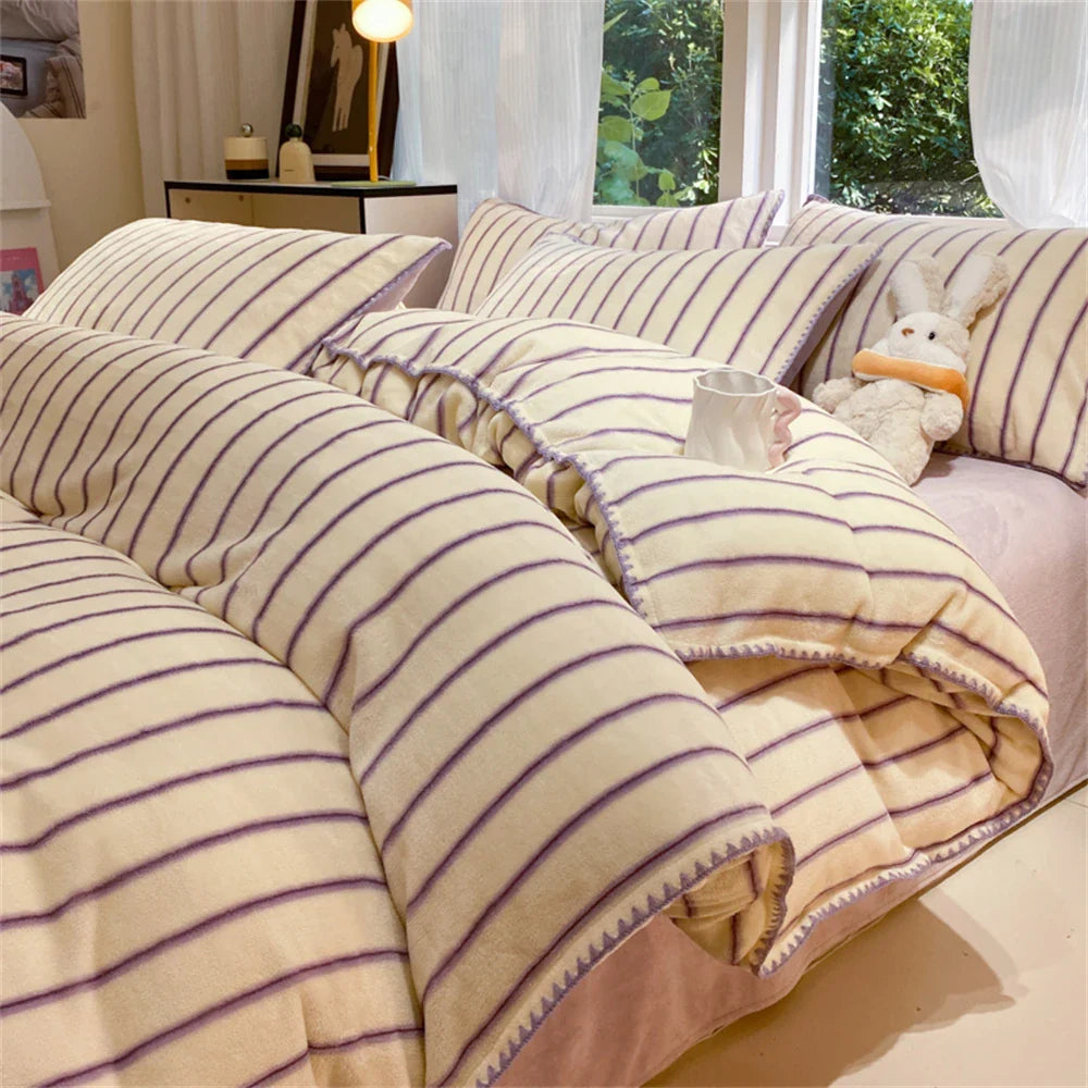 Stripe Milk Velvet Bedding Set Queen Thickened Duvet Cover Set Bedroom Decor Winter 4 Piece Set Quilt Cover Pillowcase Bed Sheet