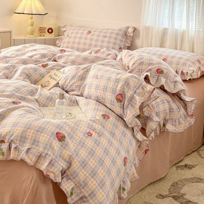 2025 Princess Style Bedding Sets Ruffle Lace Bow Quilt Cover Romantic Bedclothes Decor Woman Girls Bedroom Duvet Cover 4pcs