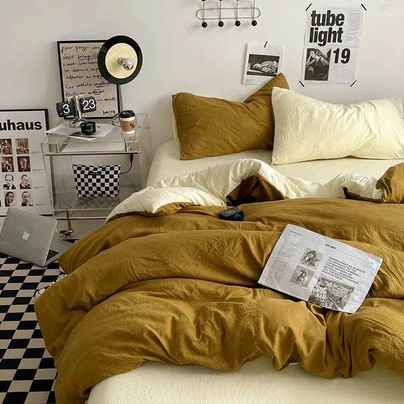 Beige Pink Bedding Set Solid 3/4pcs Home Linens Luxury Duvet Cover Pillowcase Flat Sheet Wash Cotton Twin King BedRoom Decor