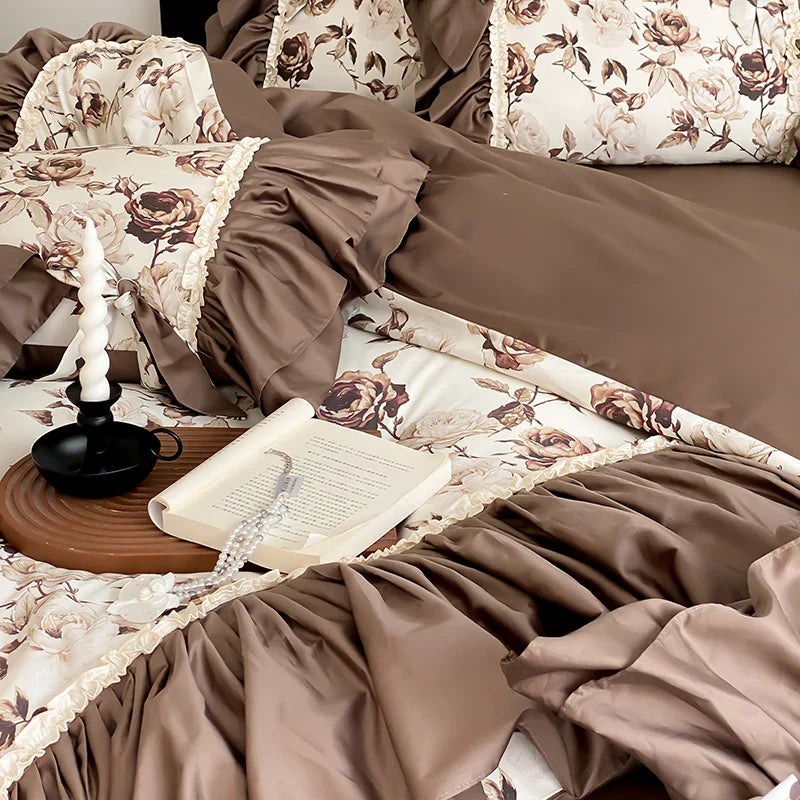 1000TC Egyptian Cotton Brown French Vintage Flowers Printing Bedding Set Duvet Cover Set Flat/Fitted Bed Sheet Pillowcases 4Pcs