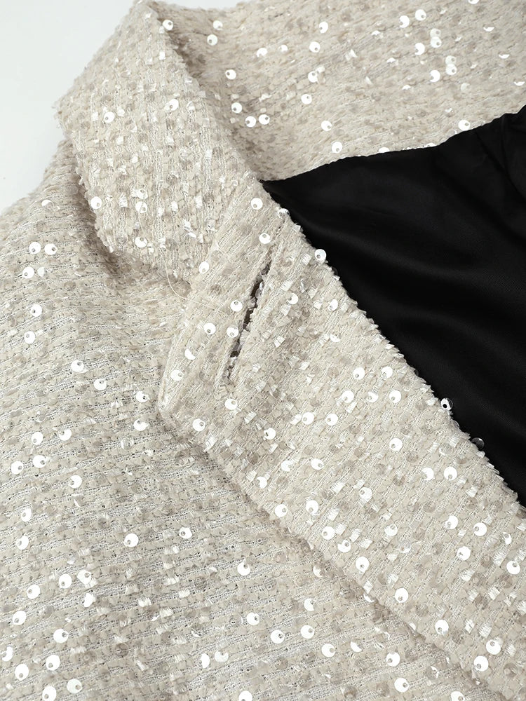 Glitzy Sequined Sash Lapel Blazer