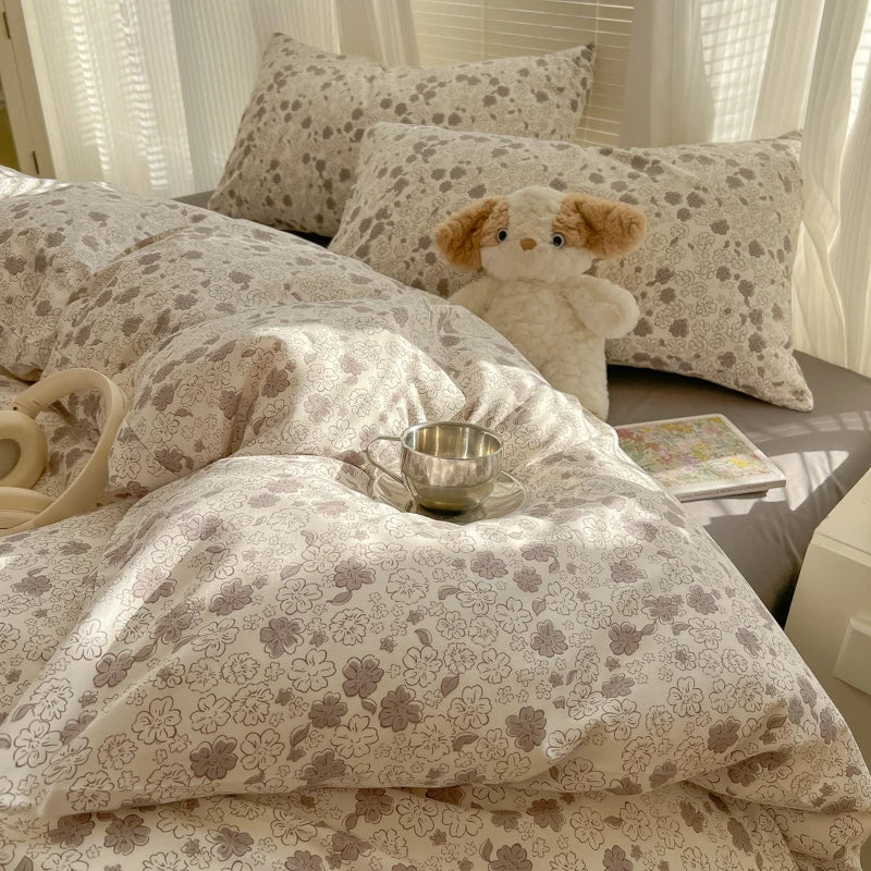 Duvet Set Double Yarn Four-piece Set Class A Aerobic Knitted Cotton Printed Love Bed Cover Skin Friendly Breathable Bedding