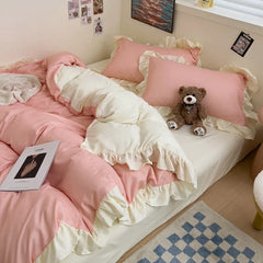 Ins Princess Bedding Set New Duvet Cover Fresh Blue Solid Color Floral Wrinkled Yann Bed Set Of Four Pieces Bed Sheets